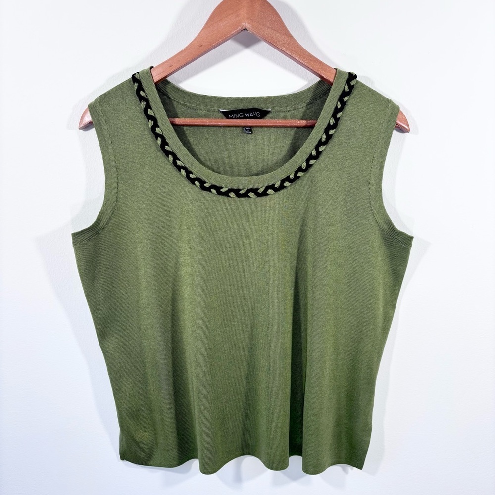 Ming Wang olive green sleeveless top with breaded neckline detail